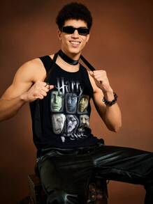 HARRY POTTER X SHEIN Men's Casual Fitted Knit Classic Figure Graphic Black Tank Top, Spring/Summer - Black - View 4