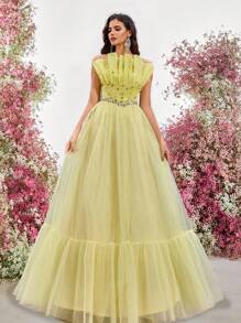 Glamrae Elegant, Romantic, Dignified, Sweet, Fashionable, Yellow, Mesh Fabric, Rhinestone Chain Decoration, Fan-Shaped Three-Dimensional Decoration, Pleated Decoration, Large A-Shaped Dress, Multi-Layered Mesh, Suitable For Vacation, Festival, Wedding Guests, Birthday Party, Dance, Formal Dinner Dress, Evening Dress, Gown,Graduation,Graduation Dresses For Women,Back To School Dress - Yellow - View 2