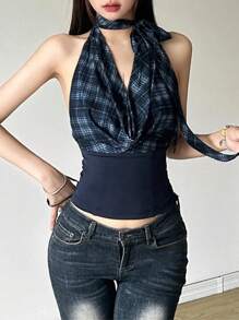 SHEIN EZwear Women's Fashionable Sexy Plaid Splicing Backless Halter Top, Summer - Blue - View 4