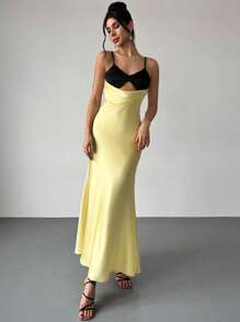 Firerie 全新优雅浪漫撞色缎面细肩带紧身低腰修身长裙，适合婚礼季节 - 黃色 - 查看 3