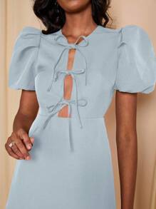 COSMINA Women's Light Blue Woven Fabric Short Sleeve Mini Dress With Collar Neckline And Lace-Up Detail - Blue - View 5