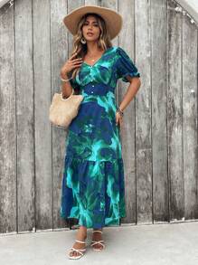 SHEIN Clasi Abito corto con scollo a V, stampa floreale, balza sul fondo, maniche corte, adatto per l'estate, abito di Pasqua per donna, stile bohémien, abito da rave, abito bohémien, abito da tè, abiti lunghi per donna, abiti verdi per donna, abiti per donna, abiti lunghi per donna, abiti estivi per donna, abiti estivi da donna per vacanze