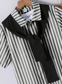 3pcs Kid Boy Casual Conservative Striped Polo Collar Short Sleeve Shirt, Solid Color Straight Leg Pants And Shawl Collar Jacket Outfit Set - Black - View 7