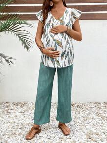 SHEIN 夏季休闲两件套孕妇装V领荷叶边全印花上衣搭配纯色纹理裤套装 - 綠色 - 查看 8