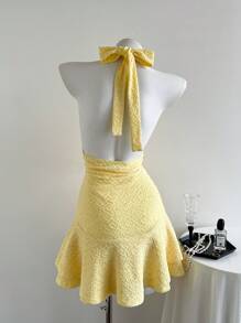 Elamini Women's Summer Casual Everyday Solid Color Knitted Fabric Double Layer Ruffle Halter Tie Bow Mini Dress