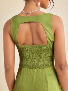 Amiko Spring Summer Lime Green Smocking Back Gored Midi Dress With Cutouts - Green - View 6