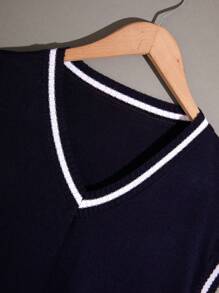 RueChic Men Solid Contrast Stripe Regular Sweater Vest - Navy Blue - View 3