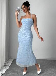 Firerie Festival New Valentine's Day Elegant Romantic Pink Flocked Floral Spaghetti Strap Cinched Waist Asymmetrical Ruched Mermaid Maxi Dress - Blue - View 5