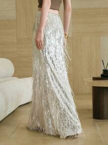 Arave Sequin Tassel Silver Fish Tail Skirt, Personalized Party Wear Clothing, Women's Spring/Summer Long Formal Skirt, Women's Evening Skirt, Women's Bridesmaid Skirt, Women's Gala Skirt
