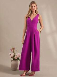 Amorya 女士优雅 V 领吊带背心和阔腿裤套装，酒红色新娘装 - 玫紅色 - 查看 7