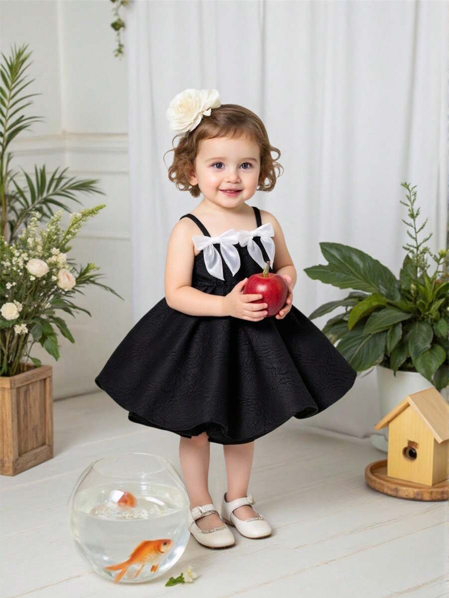 Baby Girls' Minimalist Solid Black Bow Strap Lantern Dress, Elegant For Party Wear In Summer - Black - View 1