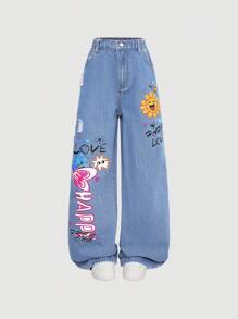 Girls Y2K Bohemian Style Ripped Letter & Cartoon Print Straight Leg Jeans With Slanted Pockets, Loose Casual Denim Pants - Light Wash - View 3