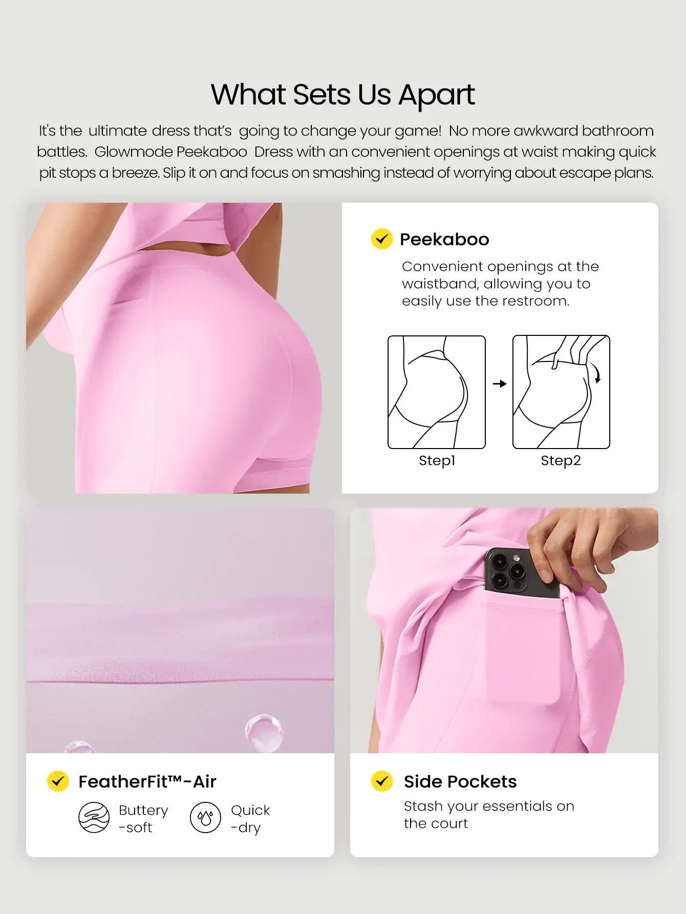 GLOWMODE FeatherFit™-Air Elevate A-Line Built-In Peekaboo Short Pocket Mini Slip Dress Low Impact Daily Summer Quick Dry Moisture Wicking - Bubblegum Pink - View 2