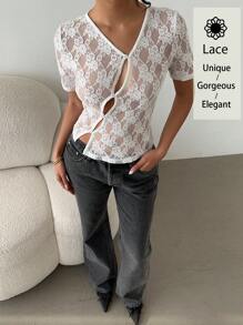 SHEIN Essnce Blusa asimétrica de mujer con flores de encaje y botones delanteros, top de encaje, para Pascua/conciertos, festivales de música de verano y vacaciones - Albaricoque - Ver 5