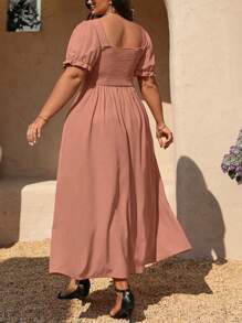SHEIN Clasi Plus Size Summer Simple Solid Color V-Neck Ruched Bust Dress - Pink - View 2