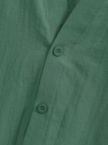 SHEIN Leap Crew 2pcs/Set Older Boys Loose Fit Stand Collar Plain Woven Short Sleeve Shirt And Long Pants Set - Green - View 6