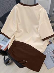 Claim Dot Casual Men's Simple Letter Print Color Block Round Neck Short Sleeve T-Shirt And Solid Color Drawstring Shorts Set, Contrast Edge Design, Suitable For Daily Wear, Going Out, School, Vacation, 2 Pieces Set Clothing Set, Cozy Outfits