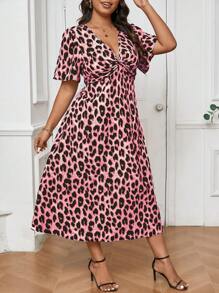 SHEIN Frenchy Váy họa tiết da báo cổ điển cỡ lớn tay ngắn thắt eo - Hồng - Xem 5