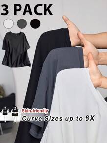 SHEIN CURVE+ 3 st/set Plus Size Sommar Loose Fit Rund Halsringning Mångsidiga Kortärmade T-shirts i Vitt, Svart och Grått, Curve Plus, Boho Vacation