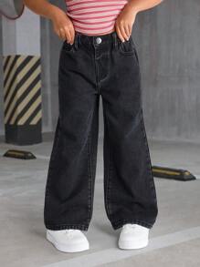 SHEIN 年轻女孩时尚休闲洗水牛仔直筒裤，带刺绣后袋，阔腿牛仔裤，儿童宽松牛仔裤，年轻女孩，女孩 - 深灰色 - 查看 5