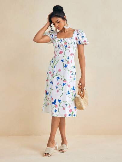 EBIB فستان صيفي ميدي بطيّة مطبوع عليه أزهار، قصة A بوسطن مكشكش مربع الياقة وأكمام بيشوب للسيدات
