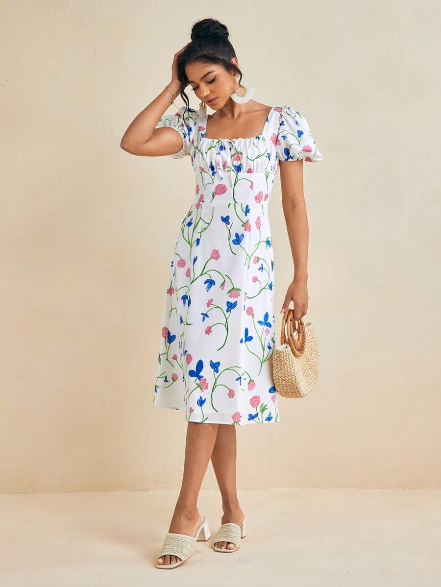 EBIB Gaun Midi Wanita Model A-Line Berkerut dengan Motif Bunga Musim Panas dan Leher Persegi, Lengan Bishop, Gaun Santai - MultiWarna - View 1