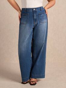 Elaquor Plus Size Casual Washed High Waist Loose Fit Jeans - Medium Wash - View 3