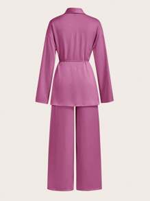 Maija 2 件套女士芥末色缎面纯色系带开衫毛衣和松紧腰带绳裤休闲睡衣套装，秋冬 - 紫色 - 查看 10