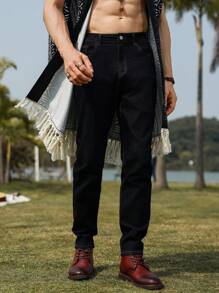 Manfinity Homme Men's Casual Versatile Washed Tapered Jeans - Black - View 3