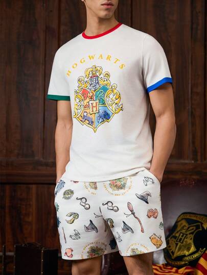 HARRY POTTER X SHEIN 男式夏季撞色图案印花圆领短袖上衣和短裤两件套家居服套装