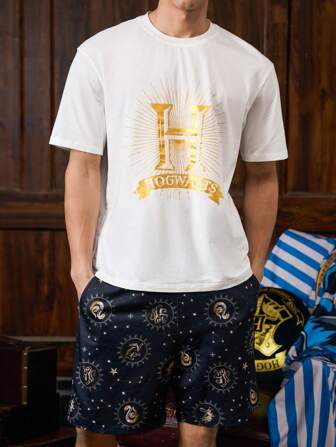 HARRY POTTER X SHEIN 男士字母图案短袖上衣和口袋短裤睡衣套装