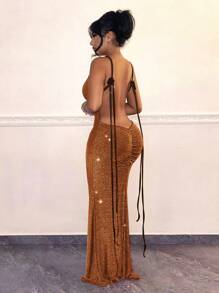 SHEIN SXY 女式简约纯色露背细肩带迷你连衣裙，夏季时尚