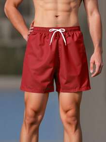 Tween Boys Swimwear Casual Cool Sports Fashion Red Twill Peach Fleece Beach Pants With Rope Strap Thin Style Suitable For Vacation Suitable For Summer Suitable For Swimming Summer Holiday - Red - View 3