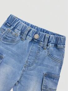 Denim Baby Mädchen Mode persönlich angepasste vielseitige Lässig College Stil Hose mit elastischem Bund, gewaschene Denim Cargohose mit Mehrfachtaschen - Mittele Waschung - Übersicht 7