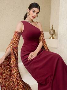 Al Najma Women's Floral Print Asymmetric Neck Elegant Arabic Style Dress