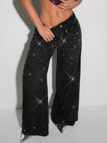 SHEIN ICON 女式低腰亮片拼接优雅口袋牛仔裤 - 灰色 - 查看 4