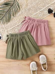 2 件装年轻女孩时尚纯色修身休闲短裤套装 - 粉色 - 查看 2