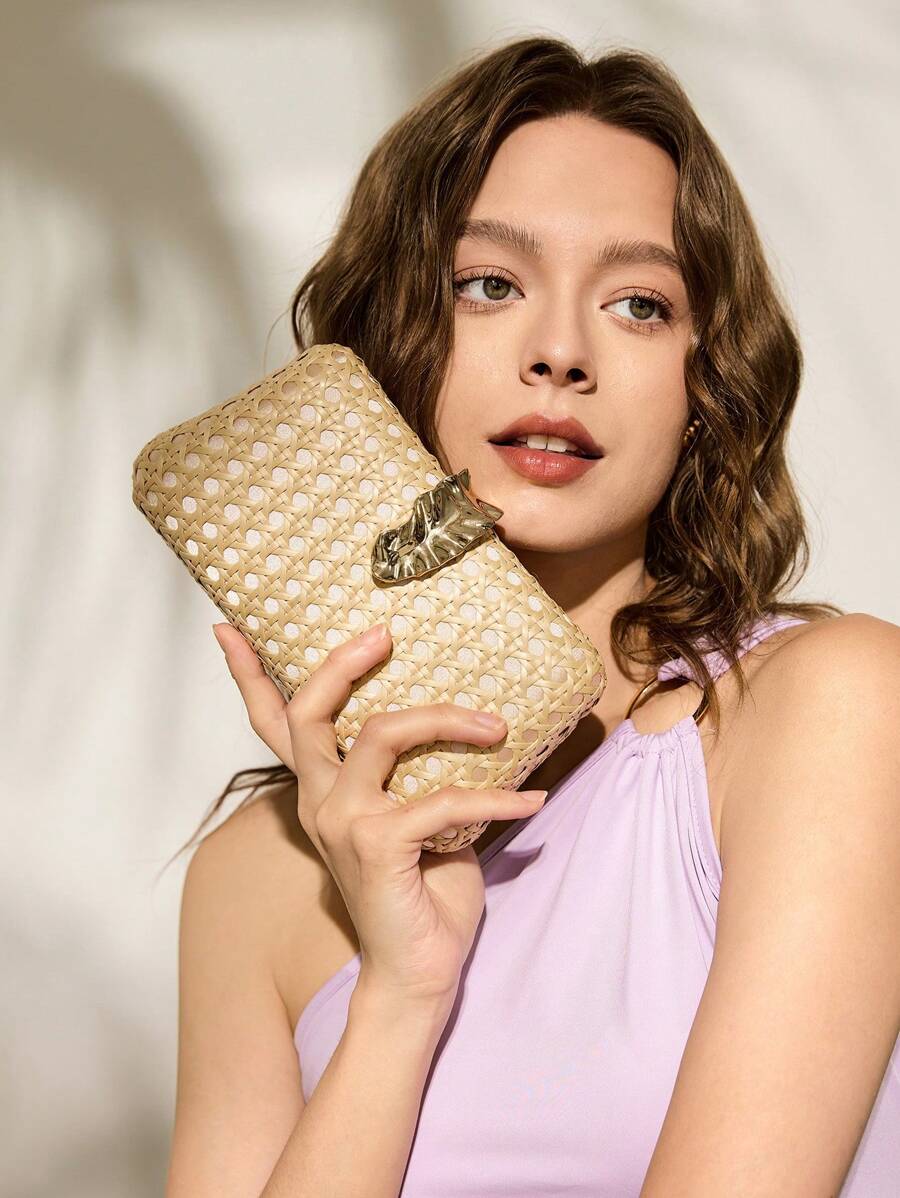 SHECARRY Women's Stylish Metal Decor Clutch Evening Bag - Apricot - View 1