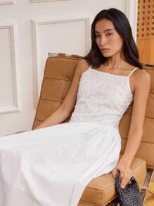 Dazy-Less 女士夏季休闲纹理欧根纱蕾丝紧身中长款吊带裙商务休闲女装