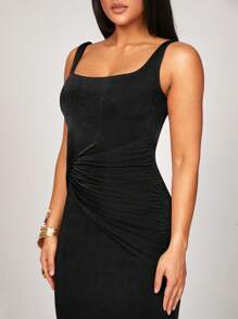 Silquee Women's Elegant Party Elastic Fabric Double Layer High-Quality Khaki Ruched Design Spring Summer Sleeveless Square/Square Neck Dress, Suitable For Commuting, Layering, Thanksgiving, Beach Holiday, Night Out, Sisterly Gathering, Beach Party, Pool Party, Holiday Outfit, Natural Party, Cabin Retreat, Romantic Valentine's Day & Date Night & Two Pieces & Romantic Date Dress