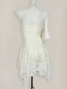 SHEIN ICON 蕾丝褶饰不对称下摆抹胸式迷你连衣裙