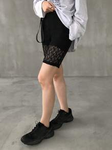 FRIFUL Women's Black Lace High Waist Cropped Leggings, Summer Fashion