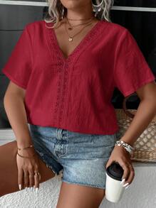 EMERY ROSE Blusa de talla grande de unicolor casual con aplicaciones de encaje - Burdeos - Ver 4