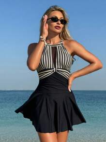 Swim Lushoire Đầm bơi hở lưng kẻ sọc chắp vá cho nữ, tuyệt vời cho bãi biển/khu nghỉ dưỡng - Nhiều màu - Xem 7