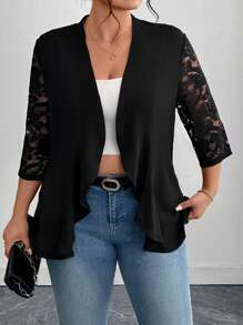 SHEIN Clasi Women Plus Size Regular Jacket, Summer Women Jacket, Black Jacket, Elegant Jacket With Lace Splice Ladies Jackets Jackets For Woman Winter Fall Autumn - Black - View 2