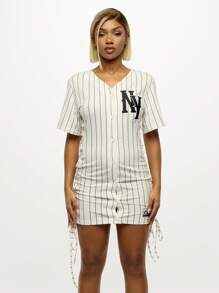 SUMWON WOMEN Vestido camiseta mini con estilo de béisbol, con detalle de cordones laterales, de rayas, deportivo y casual, con mangas cortas, de botones, para primavera y verano, prenda deportiva y de moda