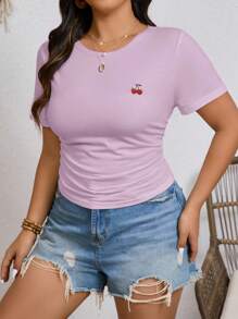 SHEIN Frenchy Women's Summer Cherry Embroidery Round Neck Pleated Short-Sleeved Casual T-Shirt With Side Ruch, Skinny Fit, Fall Short Sleeve Tee Essential Back To School - Lilac Purple - View 5