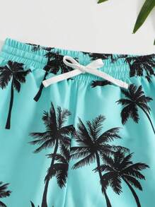SHEIN Tween Boys Coconut Tree Print Woven Fabric Swim Shorts - Blue - View 4