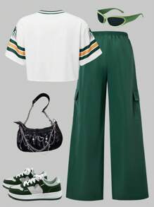 SHEIN Explorewe 2pcs/Set Girls Fashion Street Style V-Neck Letter Print Tee And Cool Cargo Wide Leg Pants, Casual Streetwear Outfit, Spring/Summer Set Outfit, School, Campus, College Summer Holiday - Dark Green - View 2