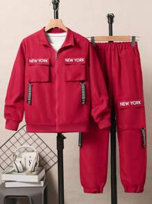 SHEIN Tween Boy Long Sleeve Zip-Up Jacket & Pants Green Outfit Set - Burgundy - View 1